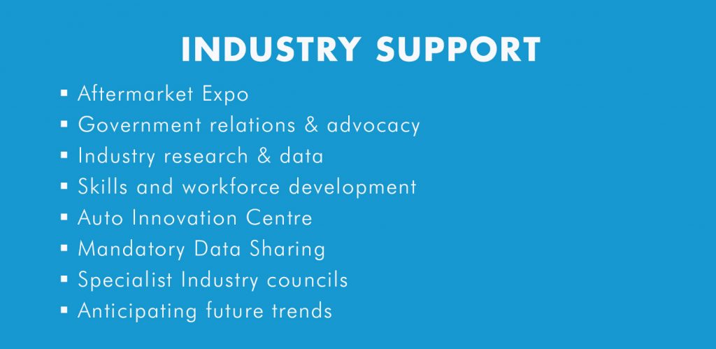 – Aftermarket Expo – Government relations & advocacy – Industry research & data – Skills and workforce development – Auto Innovation Centre – Mandatory data sharing – Specialist industry councils – Anticipating future trends